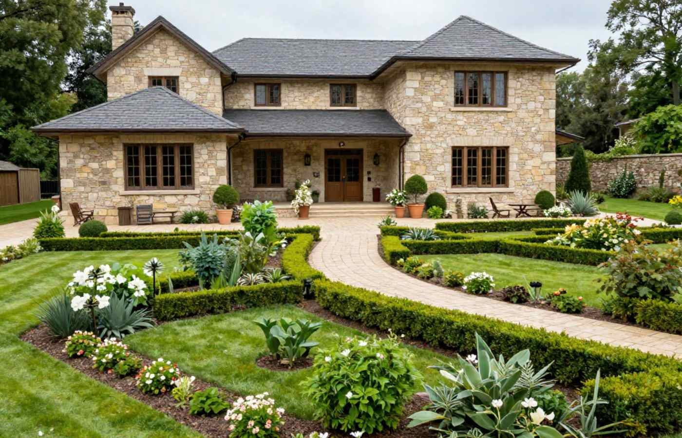 Garden landscape in front of a stone house