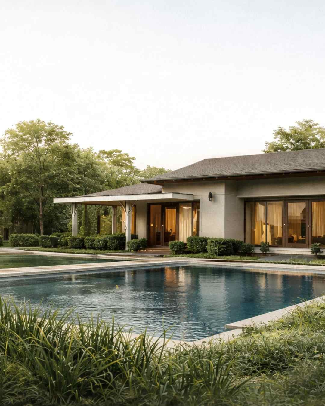 Luxurious villa with pool surrounded by greenery